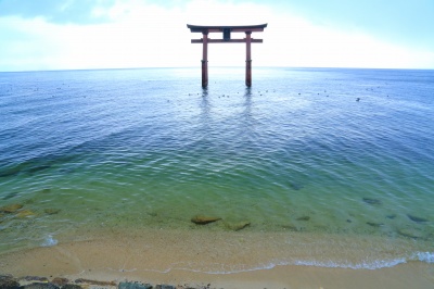 琵琶湖畔の水の中に建つ白鬚神社の大鳥居