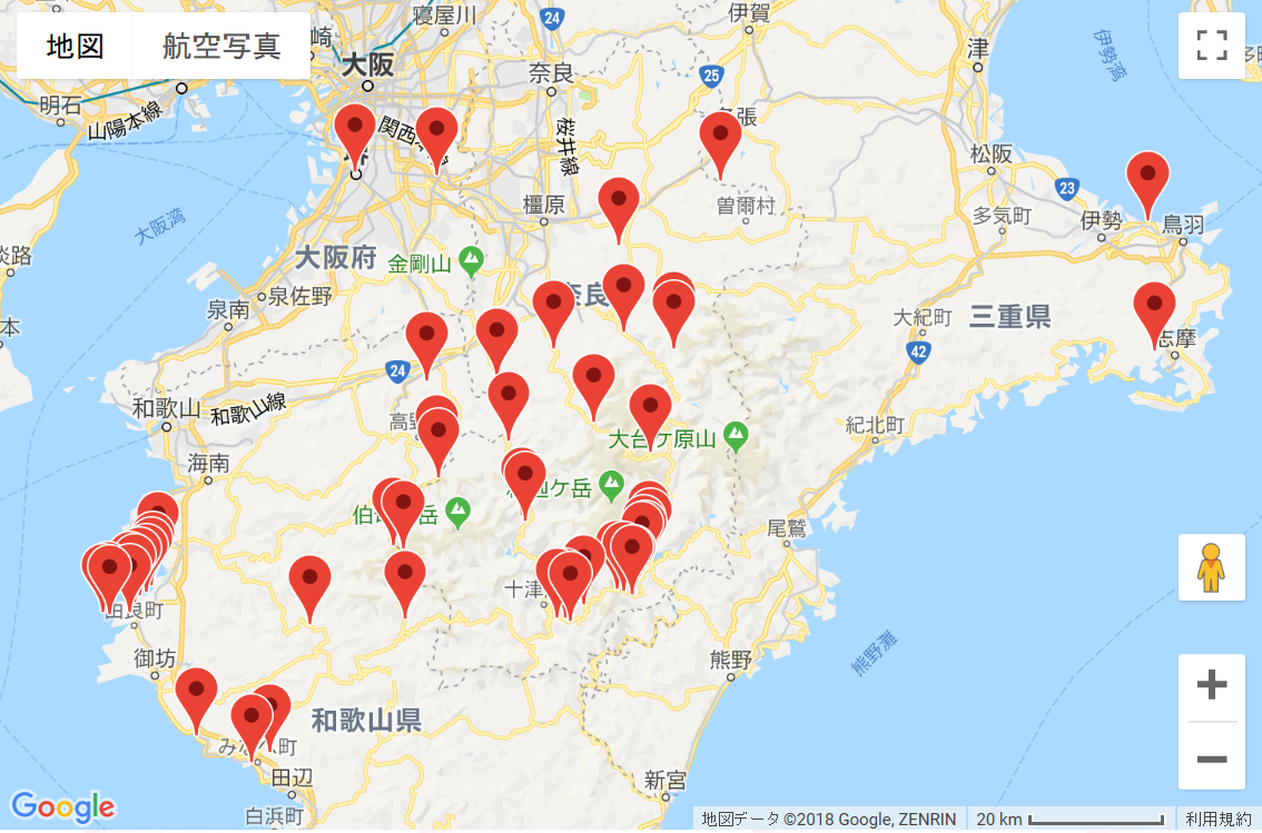 絶景撮影スポット、観光スポットを示した奈良県・和歌山県・三重県の地図（ポイントマップ）