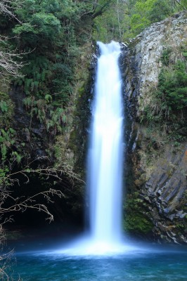 玄武岩の柱状節理の岩肌と迫力の浄蓮の滝