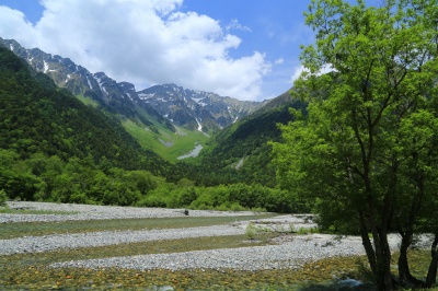 上高地小梨平からの絶景写真。梓川と穂高連峰と緑の森。